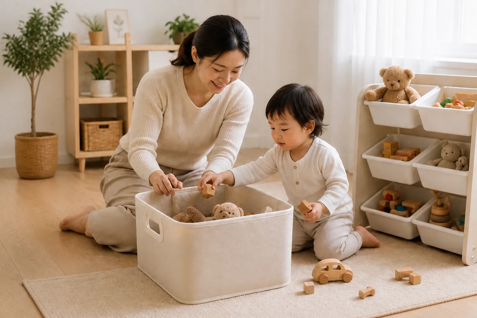 A family organizing toys in a bright playroom