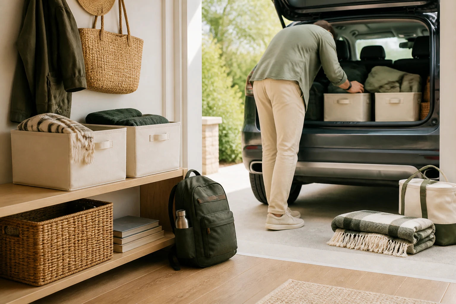 A tidy family room flowing into an organized car-ready routine