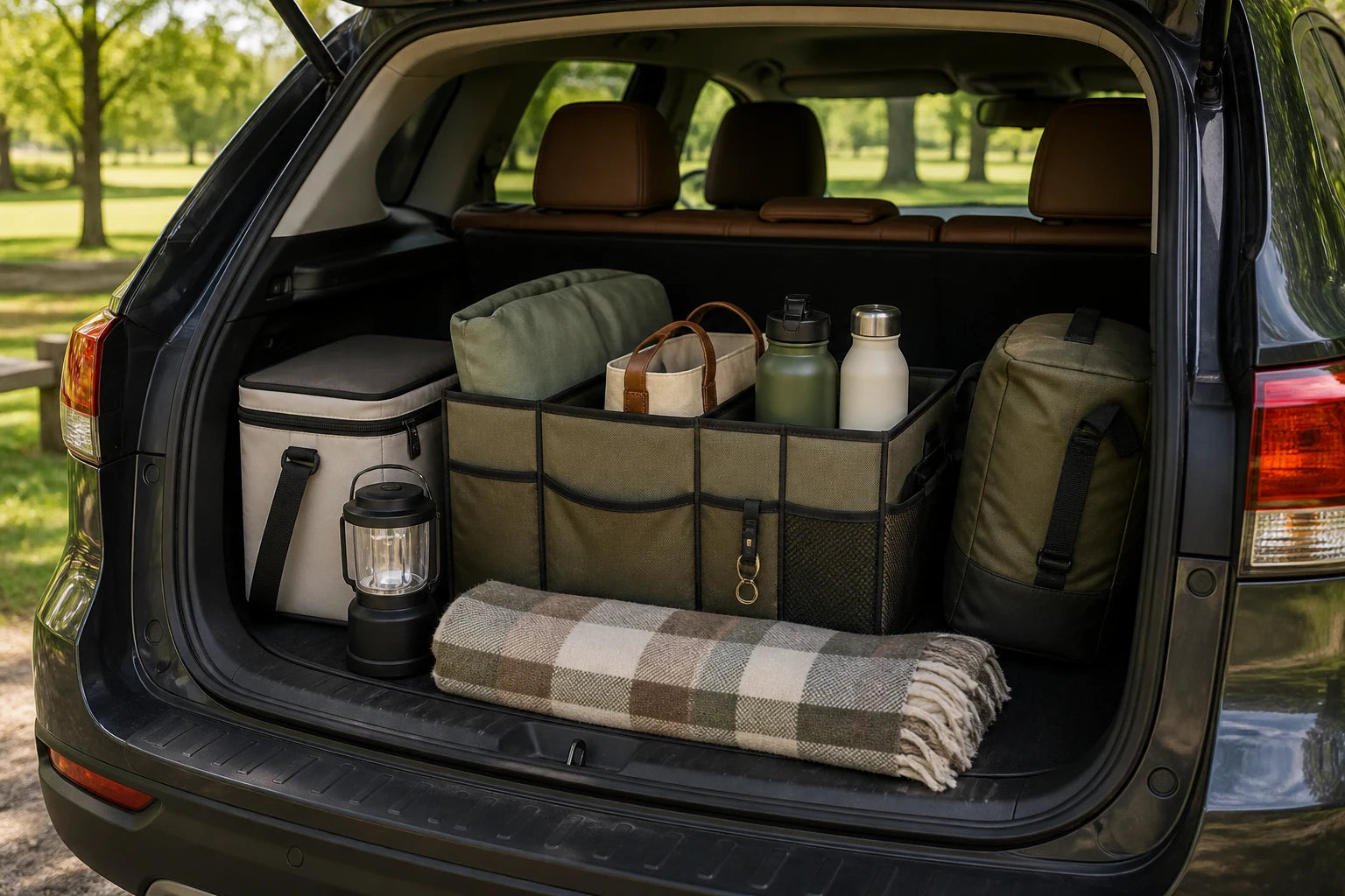 An organized car trunk packed for a family weekend outdoors